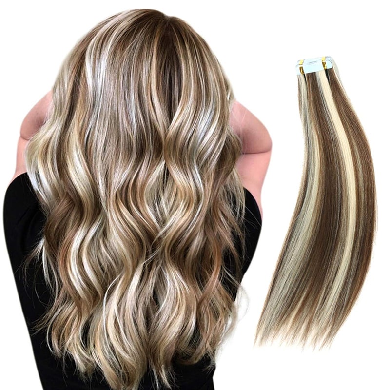 Tape in Hair Extensions Human Hair 16 Inch 40 Gram 20 Pieces Real Natural Remy 2 Tone Piano Color Platinum Blonde Highlighted Medium Brown 660