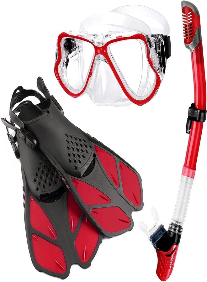 VBM 3 PCS Adult Snorkeling Kit Swimming Goggles Dry Snorkel Tube Adjustable Fins (red) - Image 1