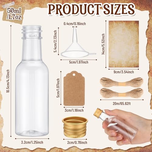 Maxdot 50 Pack 50ml Message Bottles Kit with Vintage Design Paper Plastic Transparent Bottles Brown Kraft Card Twines for Invitations Birthday Wedding DIY Crafts Gift Party Favors - Image 3