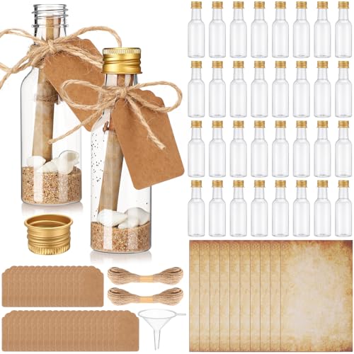 Maxdot 50 Pack 50ml Message Bottles Kit with Vintage Design Paper Plastic Transparent Bottles Brown Kraft Card Twines for Invitations Birthday Wedding DIY Crafts Gift Party Favors - Image 1