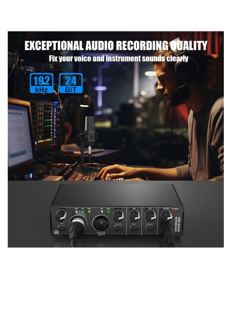 Excefore - USB Audio Interface, RHM 2 In 2 Out Audio Interface, DJ Controller Sound Mixer, with 48V Phantom Power, Audio Mixer & Mic Preamplifier XLR/TSR/TS Ports, for Guitarist, Vocalist, Podcaster or Producer - Image 1