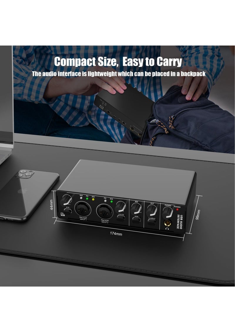 Excefore - USB Audio Interface, RHM 2 In 2 Out Audio Interface, DJ Controller Sound Mixer, with 48V Phantom Power, Audio Mixer & Mic Preamplifier XLR/TSR/TS Ports, for Guitarist, Vocalist, Podcaster or Producer - Image 1