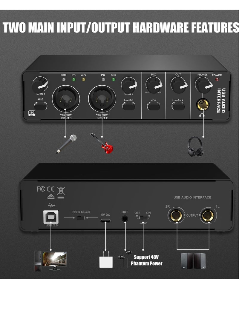 Excefore - USB Audio Interface, RHM 2 In 2 Out Audio Interface, DJ Controller Sound Mixer, with 48V Phantom Power, Audio Mixer & Mic Preamplifier XLR/TSR/TS Ports, for Guitarist, Vocalist, Podcaster or Producer - Image 1