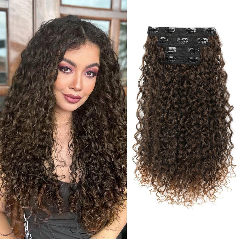 Flufymooz Clip in Hair Extensions, 4PC 100％ Pure Protein Silk Hair Extensions Long Soft Natural Hairpiece 20 Inch Curly Hair Extension for Women (Black with Copper Golden Blonde) - Image 1