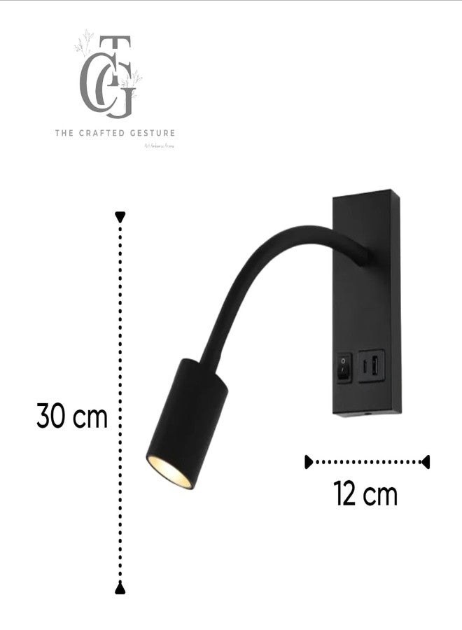 The Crafted Gesture مصباح القراءة الجداري LED من كرافتد جيستشر، مزود بمنفذ USB، قابل للتعديل مع 3 خيارات إضاءة، مناسب لغرفة النوم والدراسة | أسود - Image 3