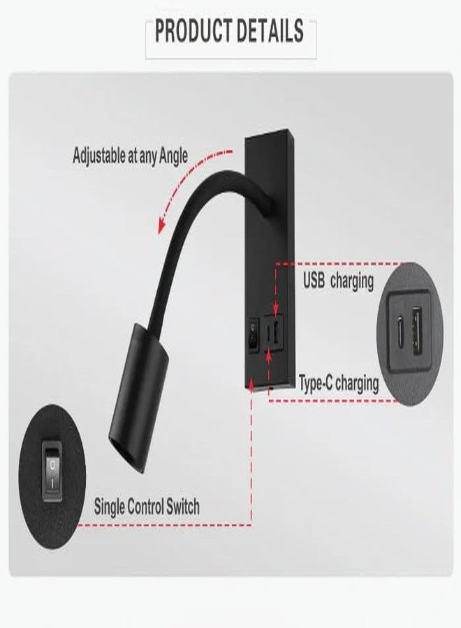 The Crafted Gesture مصباح القراءة الجداري LED من كرافتد جيستشر، مزود بمنفذ USB، قابل للتعديل مع 3 خيارات إضاءة، مناسب لغرفة النوم والدراسة | أسود - Image 2