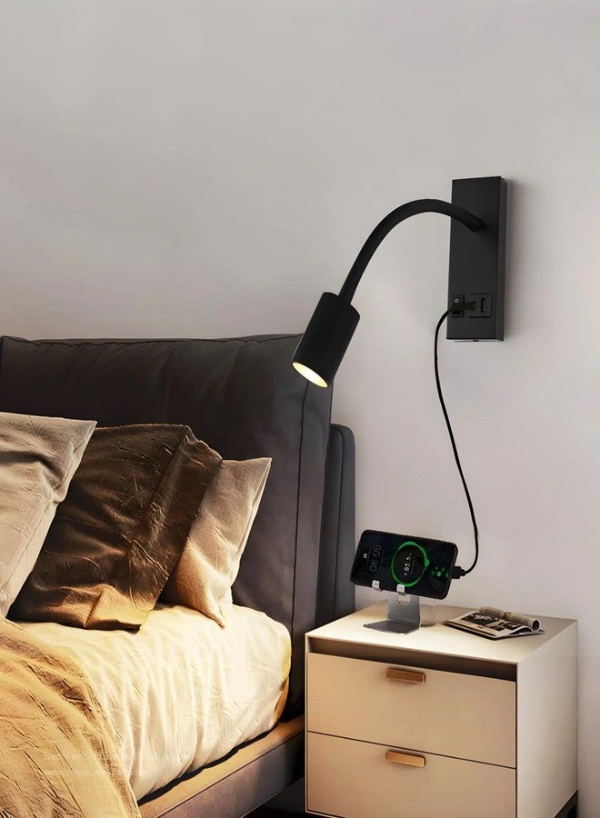 The Crafted Gesture مصباح القراءة الجداري LED من كرافتد جيستشر، مزود بمنفذ USB، قابل للتعديل مع 3 خيارات إضاءة، مناسب لغرفة النوم والدراسة | أسود - Image 1