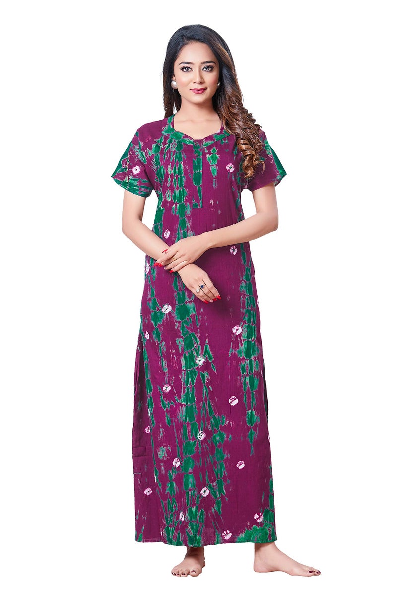 NEGLIGEE Women's Cotton Tie-dye Maxi Nighty (GWPUR027_Purple_Free Size) - Image 3