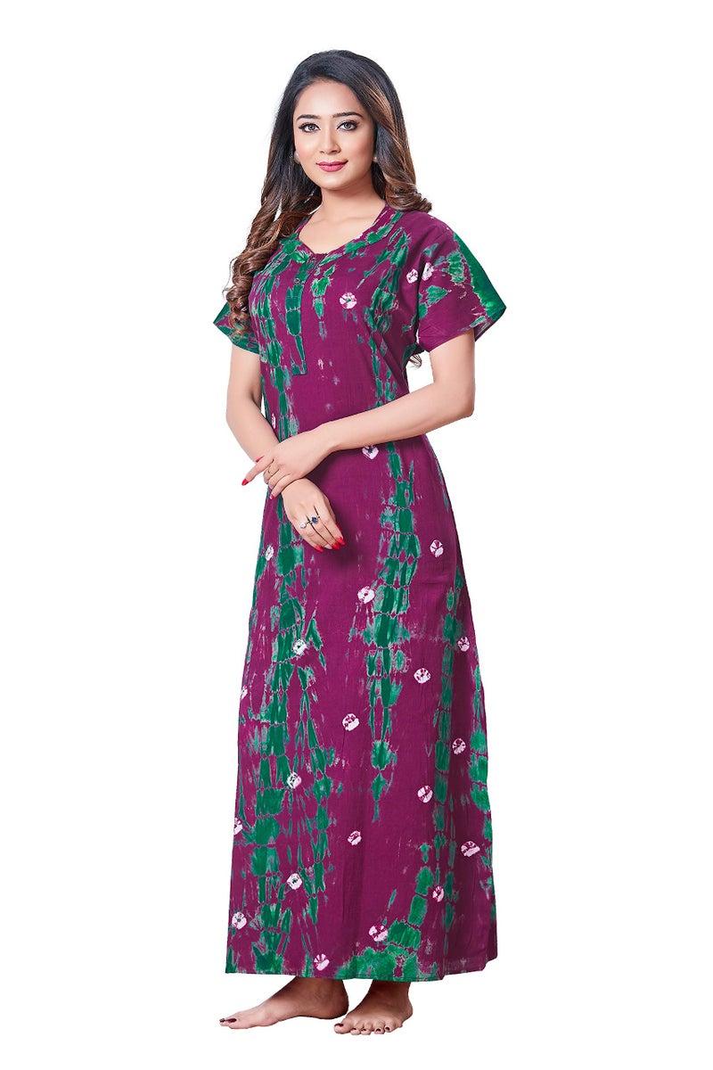 NEGLIGEE Women's Cotton Tie-dye Maxi Nighty (GWPUR027_Purple_Free Size) - Image 1