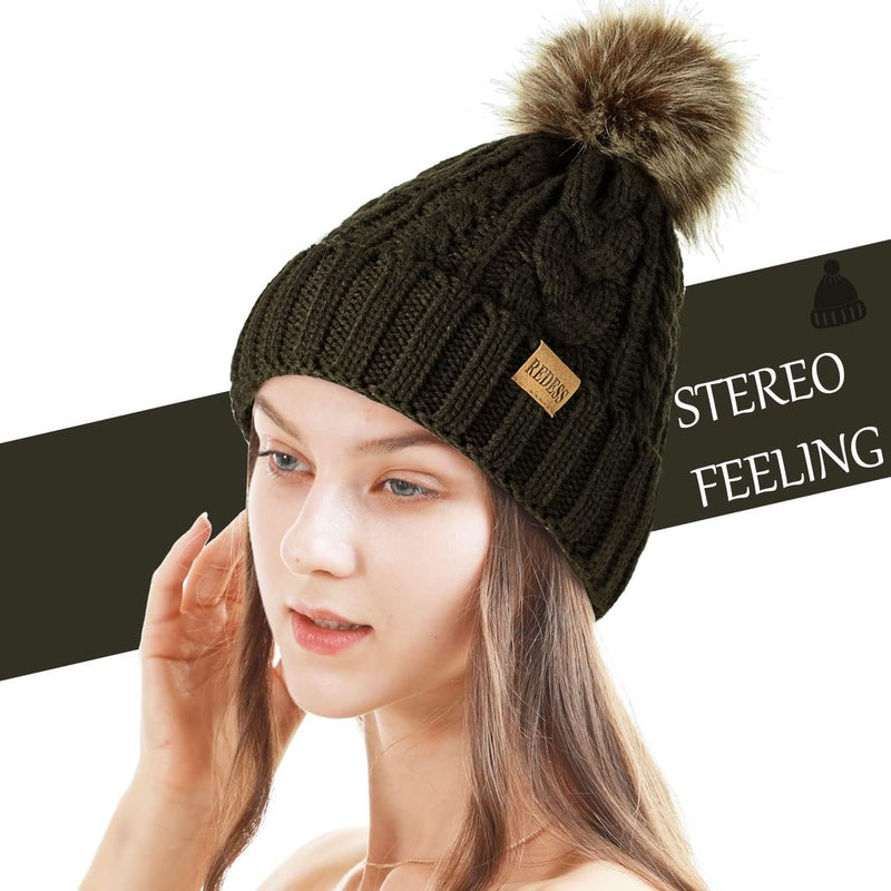 REDESS Women Winter Pompom Beanie Hat with Warm Fleece Lined, Thick Slouchy Snow Knit Skull Ski Cap - Image 1