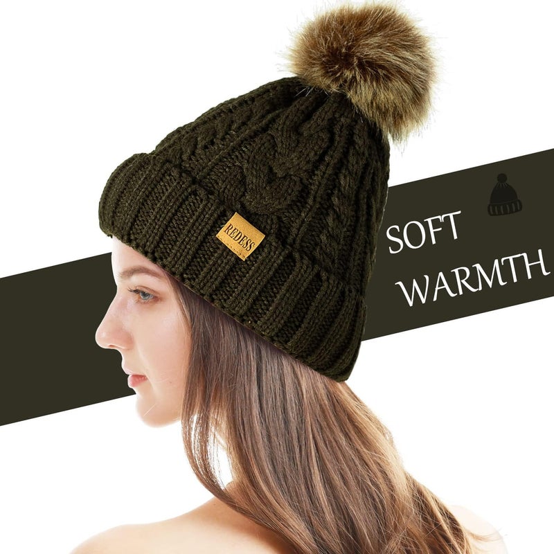 REDESS Women Winter Pompom Beanie Hat with Warm Fleece Lined, Thick Slouchy Snow Knit Skull Ski Cap - Image 2