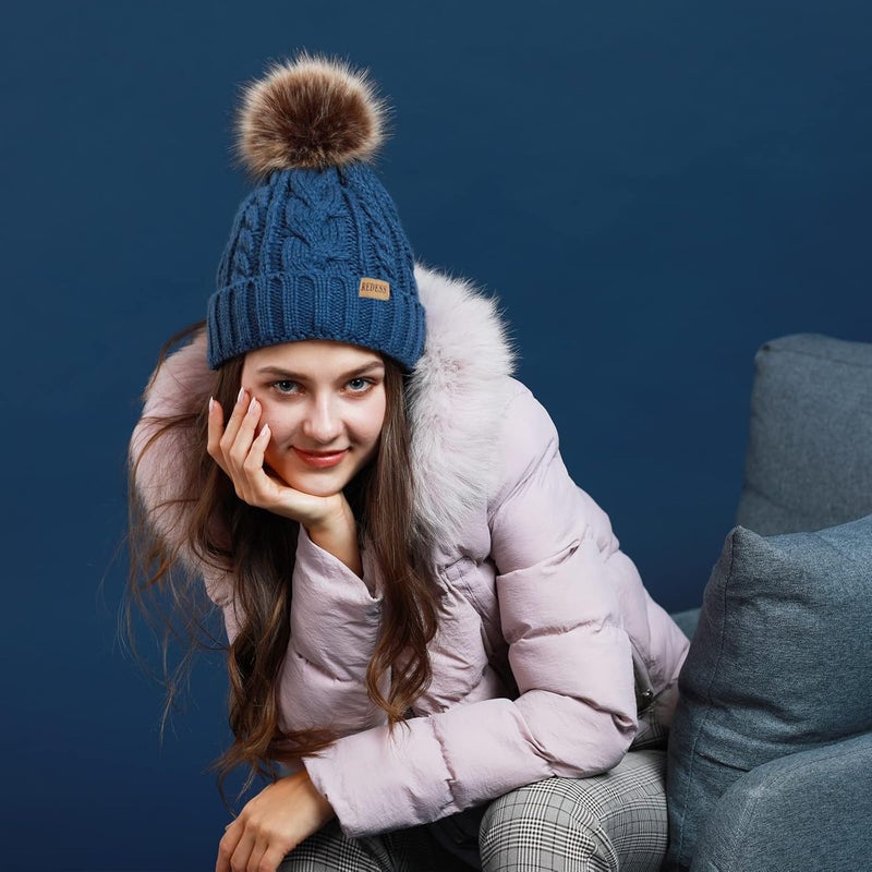 REDESS Women Winter Pompom Beanie Hat with Warm Fleece Lined, Thick Slouchy Snow Knit Skull Ski Cap - Image 5