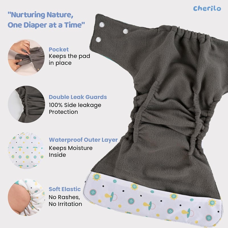 Cherilo حفاضة قماش قابلة لإعادة الاستخدام من شيريلو للمواليد الجدد من 0 إلى 3 سنوات، مانعة للتسرب، صديقة للبيئة، حفاضات قماش قابلة للغسل، بدون تسرب جانبي، قابلة للتعديل، حفاضة جيب بحجم مجاني (1 حفاضة بنمط كيديكو + 1 إدخال) - Image 4
