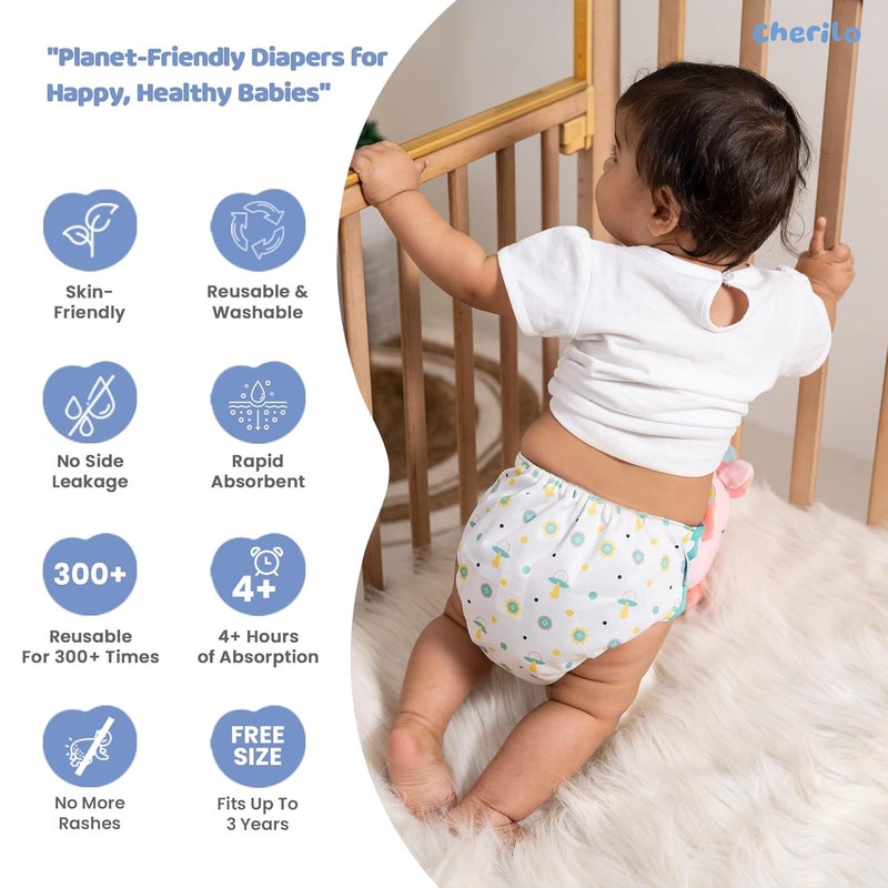 Cherilo حفاضة قماش قابلة لإعادة الاستخدام من شيريلو للمواليد الجدد من 0 إلى 3 سنوات، مانعة للتسرب، صديقة للبيئة، حفاضات قماش قابلة للغسل، بدون تسرب جانبي، قابلة للتعديل، حفاضة جيب بحجم مجاني (1 حفاضة بنمط كيديكو + 1 إدخال) - Image 3