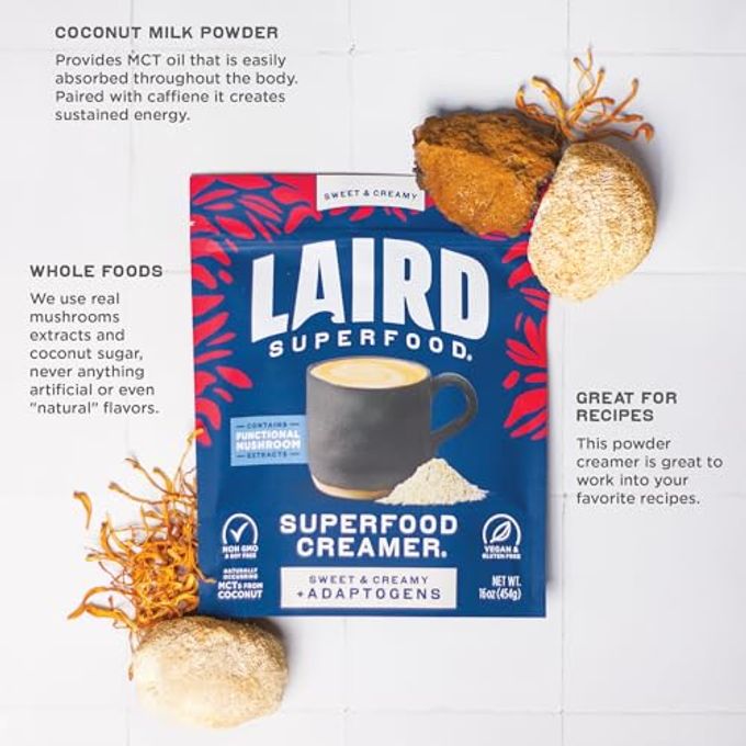 Laird Superfood Non-Dairy Coconut Powder Creamer Sweet & Creamy + Adaptogens Superfood Creamer with Functional Mushrooms Non-GMO, Vegan, 16 oz. Bag, Pack of 1 - Image 3
