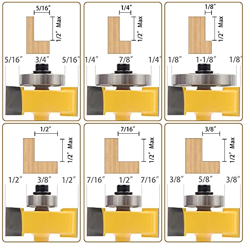 Exqutoo 1/4 Inch Shank Rabbet Router Bit Set with 6 Adjustable Bearing Carbide Tipped Rabbeting Bit(1/8",1/4",5/16" 3/8",7/16",1/2") CNC Router Bits Woodworking Tools for Doors Drill Bit… - Image 4