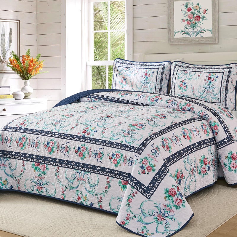Anibedding Blue Floral Quilt Set Queen Size,3 Pieces Flowers Printed Retro Bedspread with 2 Pillowcases,Lightweight Soft Microfiber Coverlet Set for All Seasons(96"x90") - Image 3