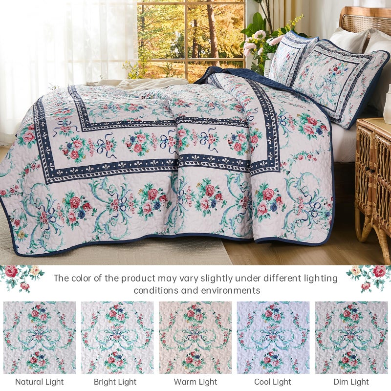 Anibedding Blue Floral Quilt Set Queen Size,3 Pieces Flowers Printed Retro Bedspread with 2 Pillowcases,Lightweight Soft Microfiber Coverlet Set for All Seasons(96"x90") - Image 4