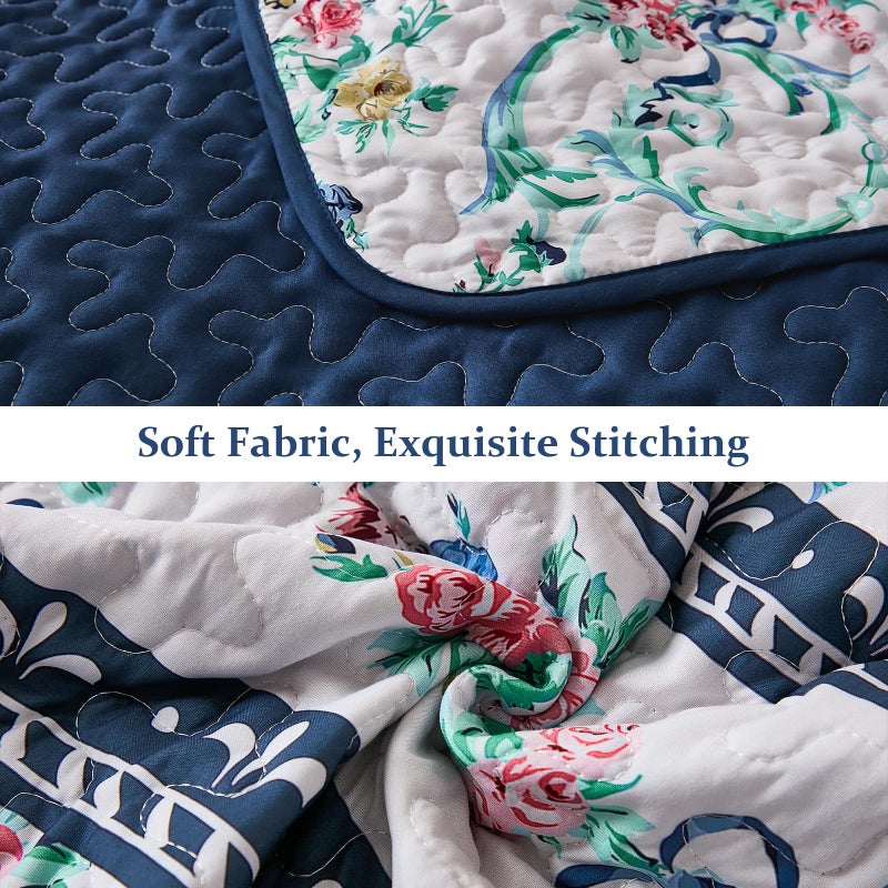 Anibedding Blue Floral Quilt Set Queen Size,3 Pieces Flowers Printed Retro Bedspread with 2 Pillowcases,Lightweight Soft Microfiber Coverlet Set for All Seasons(96"x90") - Image 5