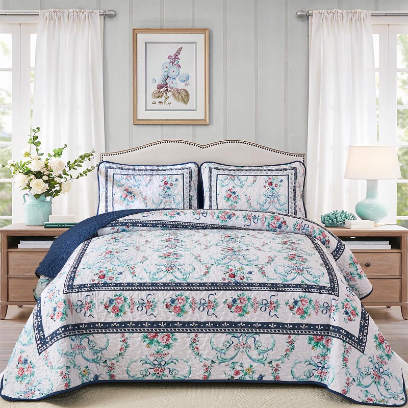 Anibedding Blue Floral Quilt Set Queen Size,3 Pieces Flowers Printed Retro Bedspread with 2 Pillowcases,Lightweight Soft Microfiber Coverlet Set for All Seasons(96"x90") - Image 2