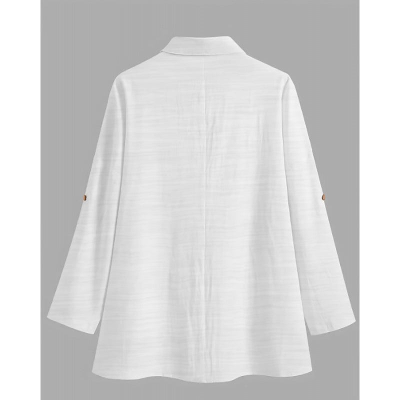 Women's Solid Color Long Sleeve Turn-down Collar Blouse with Roll-up Sleeves - Image 2