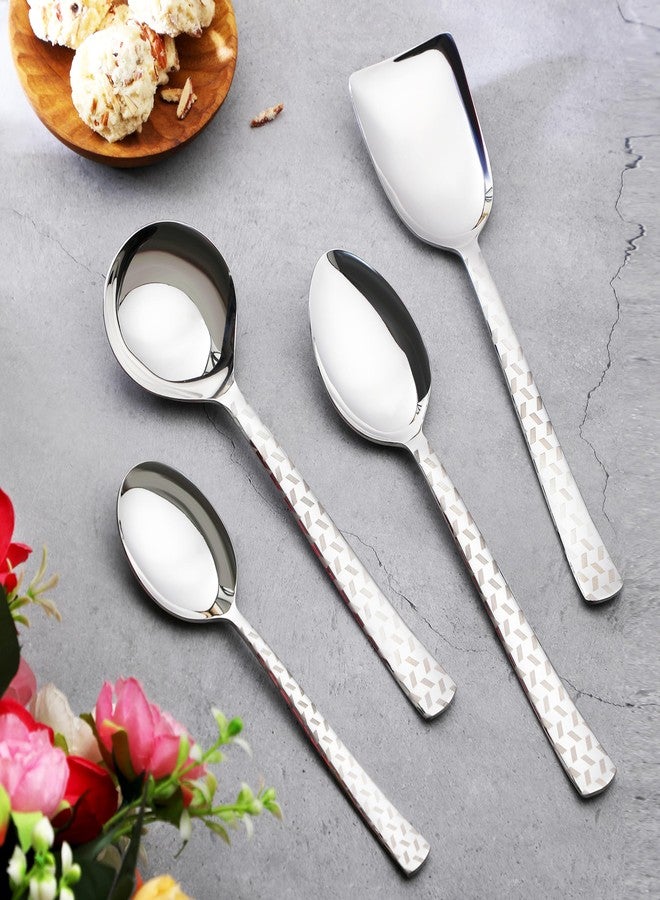 FnS Rhombo Premium Stainless Steel Laser Design on Handle - 4 Pcs Serving Spoon Set, 1 Serving Spoon, 1 Large Serving Spoon, 1 Gravy Ladle, 1 Rice Server, Elegant Design - Silver Finish - Image 1