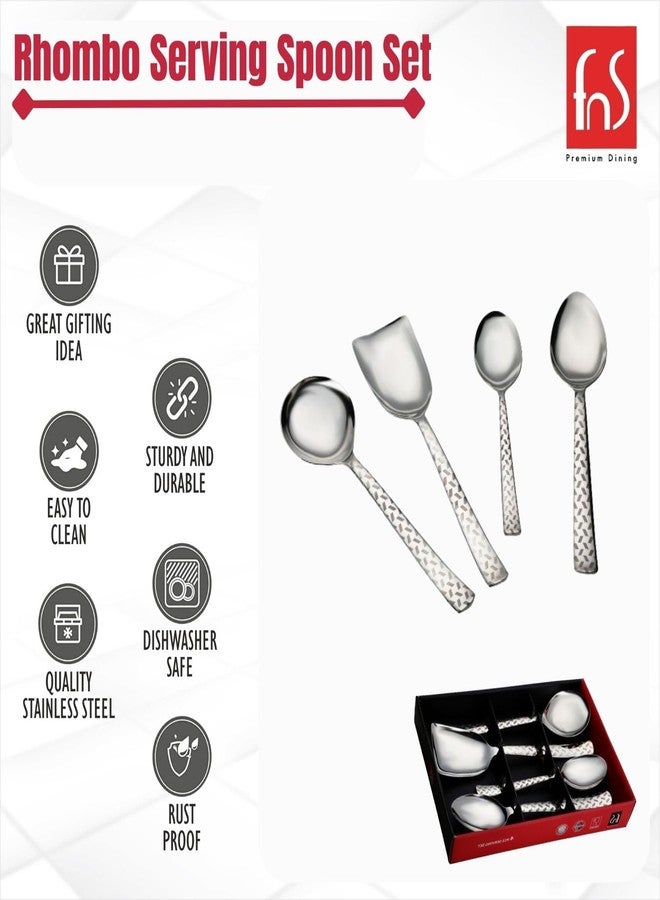 FnS Rhombo Premium Stainless Steel Laser Design on Handle - 4 Pcs Serving Spoon Set, 1 Serving Spoon, 1 Large Serving Spoon, 1 Gravy Ladle, 1 Rice Server, Elegant Design - Silver Finish - Image 5
