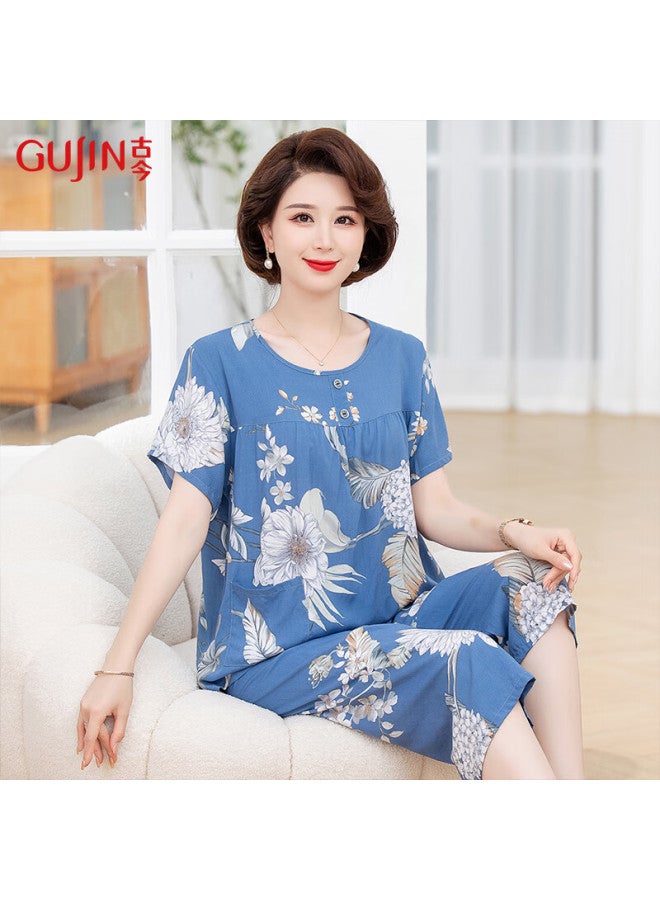 Gujin Spring/summer New Women's Pajamas Middle-aged And Elderly Home Wear Cotton Loose Plus Size Can Be Worn Outside Pajama Set 2XL - Image 1