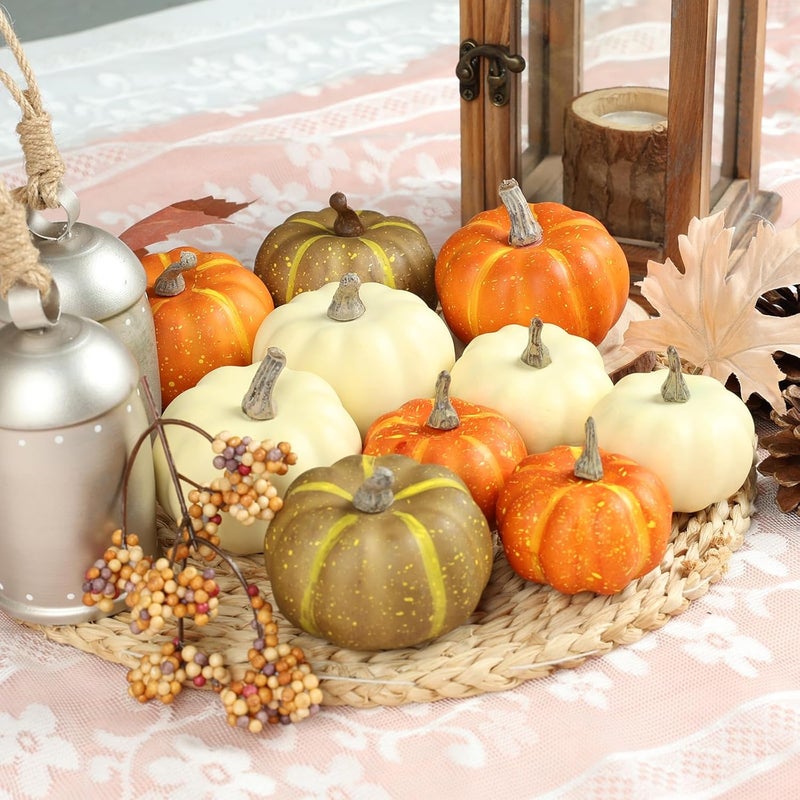 Ghrdopy 10Pcs Fake Pumpkins Fall Thanksgiving Decorations,Assorted Colors Plastic Pumpkins Home Decor, Artificial Mini Pumpkin for Decorating Autumn Harvest Outdoor Indoor Decor Centerpiece Table Decorations - Image 4