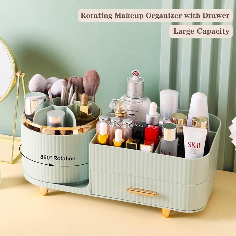 COMFYROOM Rotating Makeup Organizer for Vanity with Brush Holder and Drawer, Cosmetic Makeup Storage, Large Spinning Makeup Skincare Organizer, Countertop Makeup Perfume Organizer, Lotions Display Case (Green) - Image 5