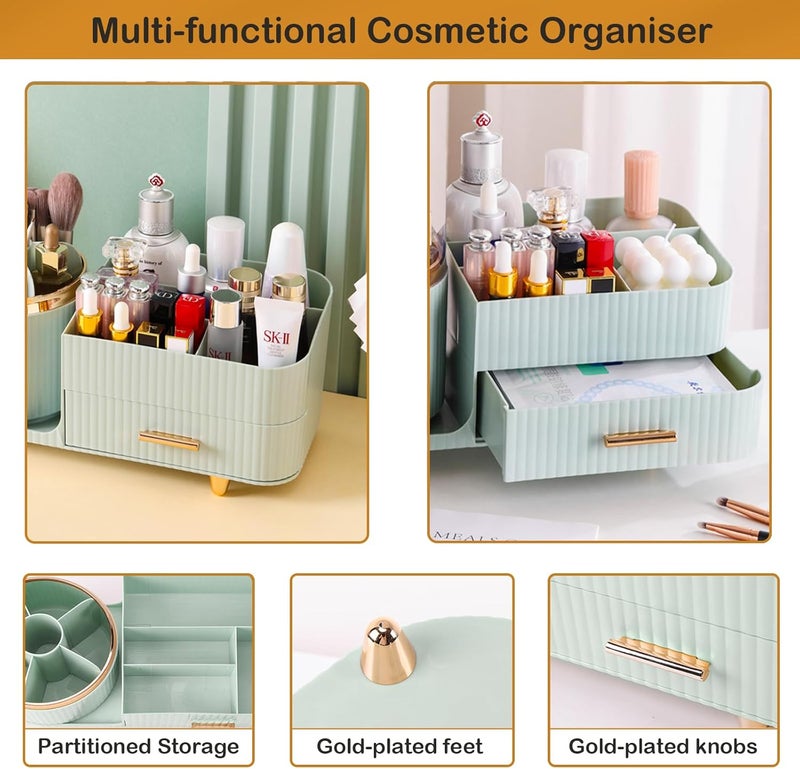 COMFYROOM Rotating Makeup Organizer for Vanity with Brush Holder and Drawer, Cosmetic Makeup Storage, Large Spinning Makeup Skincare Organizer, Countertop Makeup Perfume Organizer, Lotions Display Case (Green) - Image 4