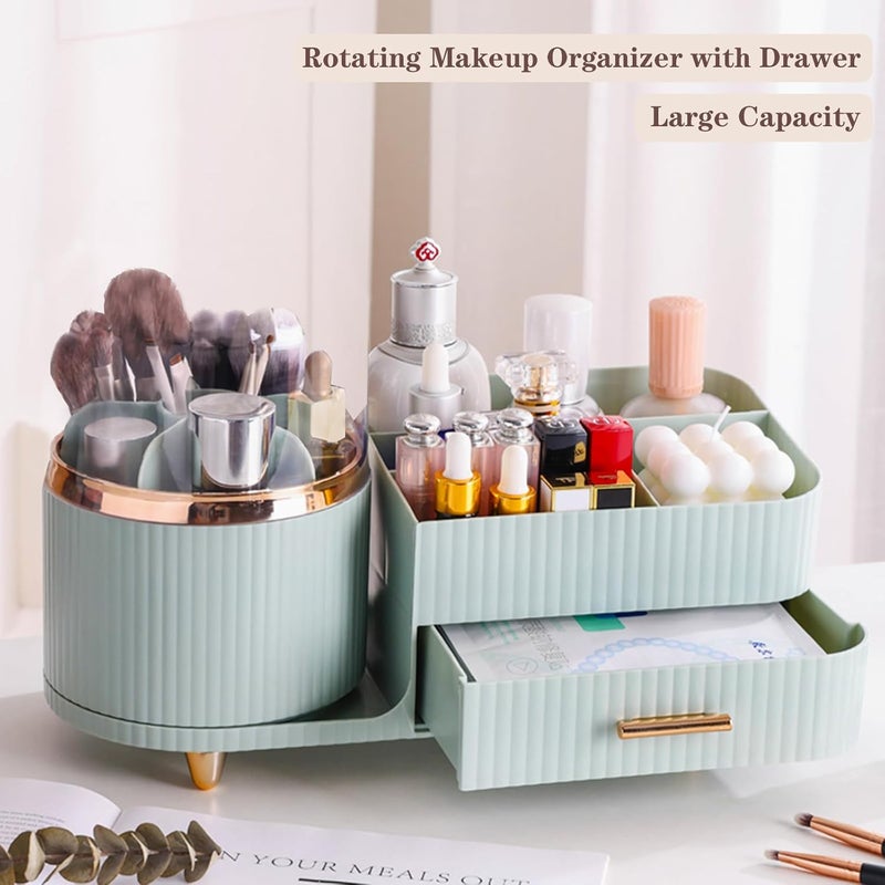 COMFYROOM Rotating Makeup Organizer for Vanity with Brush Holder and Drawer, Cosmetic Makeup Storage, Large Spinning Makeup Skincare Organizer, Countertop Makeup Perfume Organizer, Lotions Display Case (Green) - Image 2