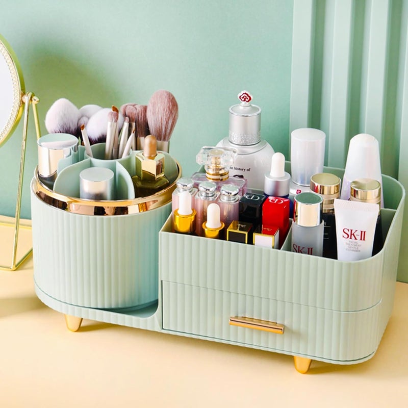 COMFYROOM Rotating Makeup Organizer for Vanity with Brush Holder and Drawer, Cosmetic Makeup Storage, Large Spinning Makeup Skincare Organizer, Countertop Makeup Perfume Organizer, Lotions Display Case (Green) - Image 1