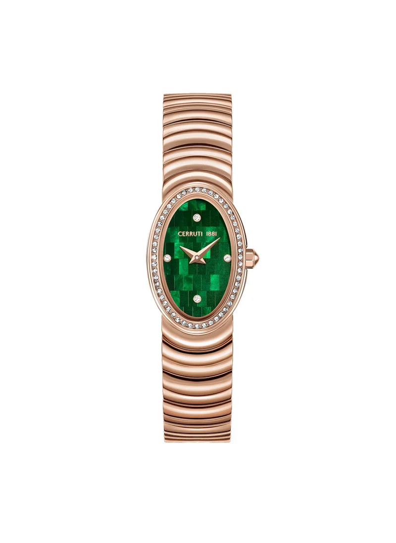 CERRUTI 1881 Norcia Analog Women's Watch - Oval Mosaic Green Mother of Pearl Dial, Rose Gold Bracelet, Butterfly Buckle