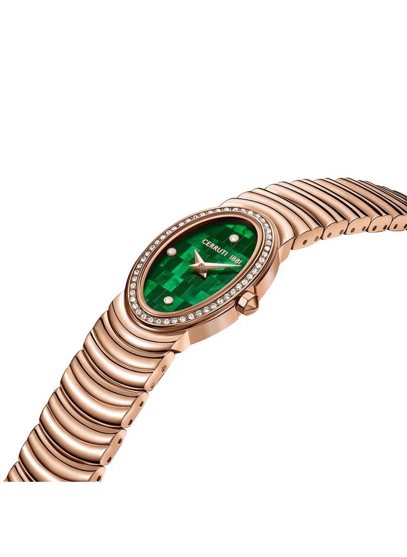 CERRUTI 1881 Norcia Analog Women's Watch - Oval Mosaic Green Mother of Pearl Dial, Rose Gold Bracelet, Butterfly Buckle