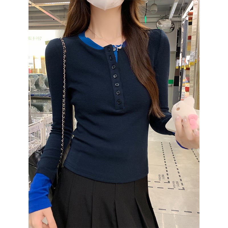 Sweet Spice Girl Blue Stitching Contrast Color Fake Two-Piece Long-Sleeved T-Shirt Women'S Autumn Base Shirt With Round Neck Shoulder Top - Image 2
