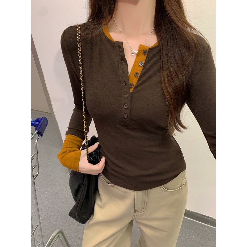 Sweet Spice Girl Blue Stitching Contrast Color Fake Two-Piece Long-Sleeved T-Shirt Women'S Autumn Base Shirt With Round Neck Shoulder Top - Image 5