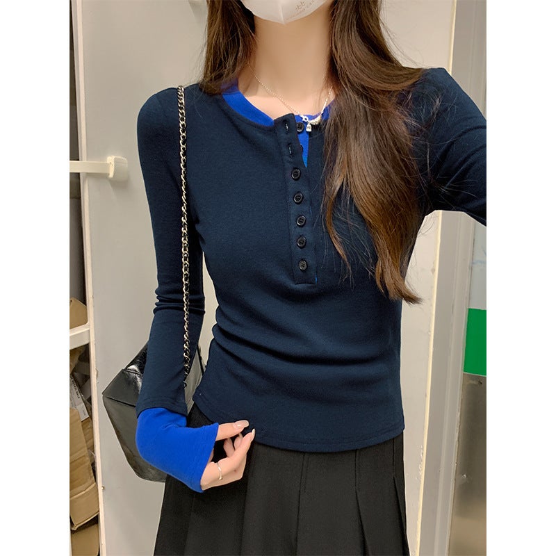 Sweet Spice Girl Blue Stitching Contrast Color Fake Two-Piece Long-Sleeved T-Shirt Women'S Autumn Base Shirt With Round Neck Shoulder Top - Image 3
