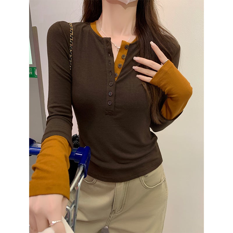 Sweet Spice Girl Blue Stitching Contrast Color Fake Two-Piece Long-Sleeved T-Shirt Women'S Autumn Base Shirt With Round Neck Shoulder Top - Image 1