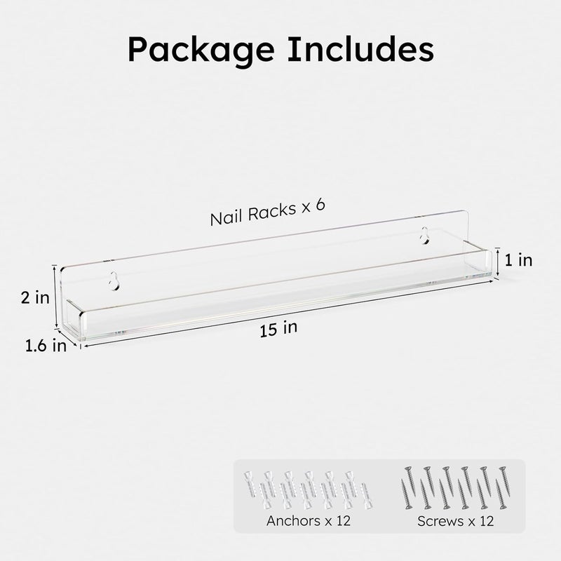 FEMELI Nail Polish Wall Rack: 6 Shelves 15 Inch Clear Acrylic Nail Polish Organizer for 66-90 Bottles Multi-Purpose Acrylic Floating Shelves (15 Inch, Clear) - Image 3
