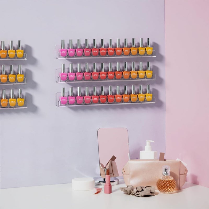 FEMELI Nail Polish Wall Rack: 6 Shelves 15 Inch Clear Acrylic Nail Polish Organizer for 66-90 Bottles Multi-Purpose Acrylic Floating Shelves (15 Inch, Clear) - Image 2