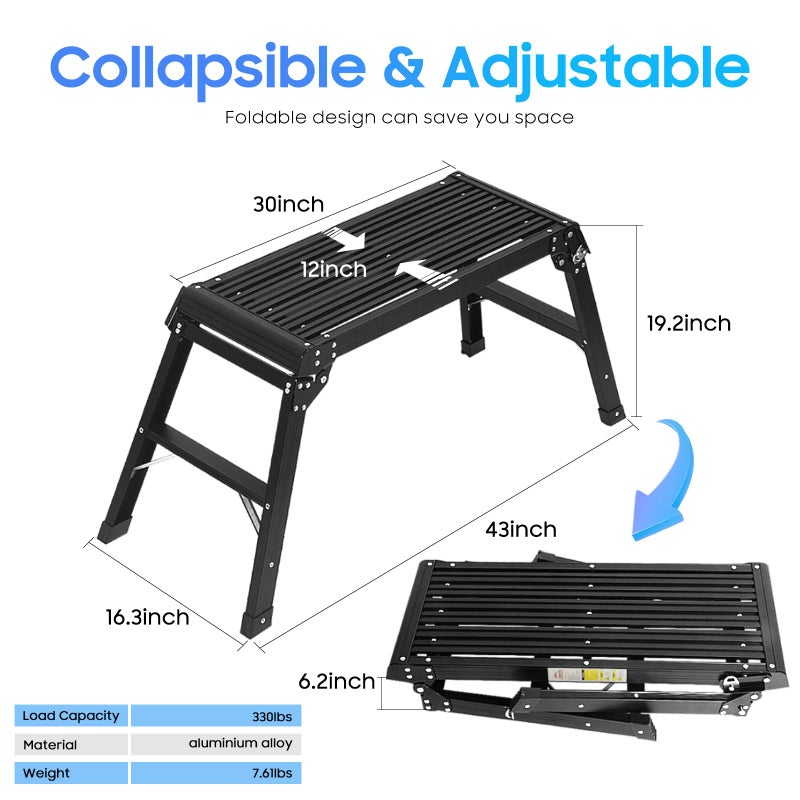 LEADALLWAY Work Platform Aluminum 30"x12"x20" Step Ladder Heavy Duty Foldable Aluminum Platform 330 Lbs Capacity,Black - Image 3