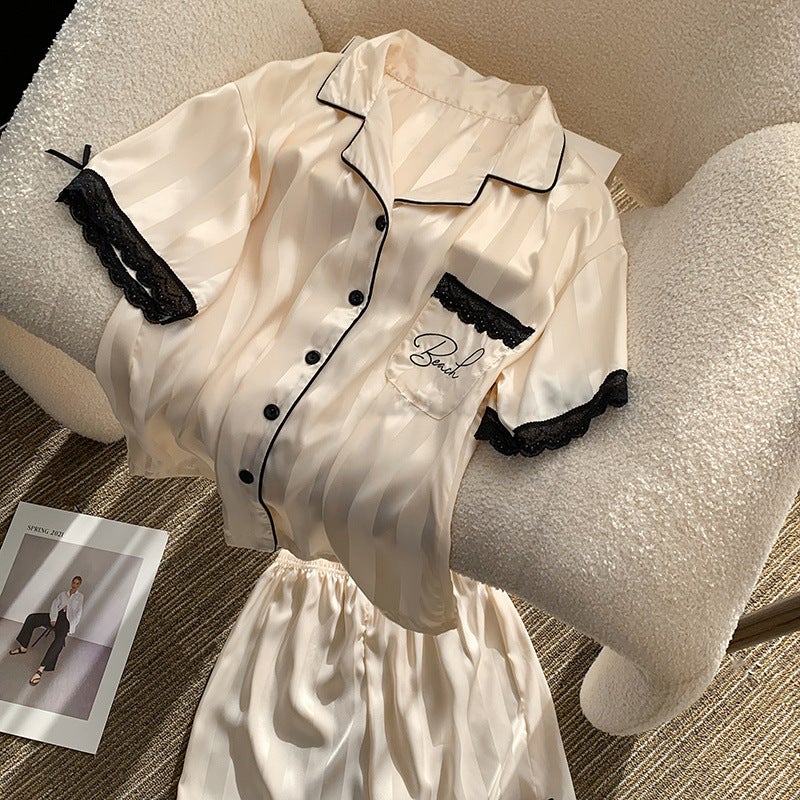 Ice Silk Pajamas Women''s Summer Thin Striped Short-sleeved Silk Home Clothes High-grade suit Outer Wearing - Image 4