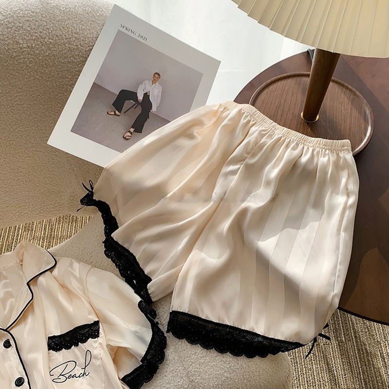 Ice Silk Pajamas Women''s Summer Thin Striped Short-sleeved Silk Home Clothes High-grade suit Outer Wearing - Image 5