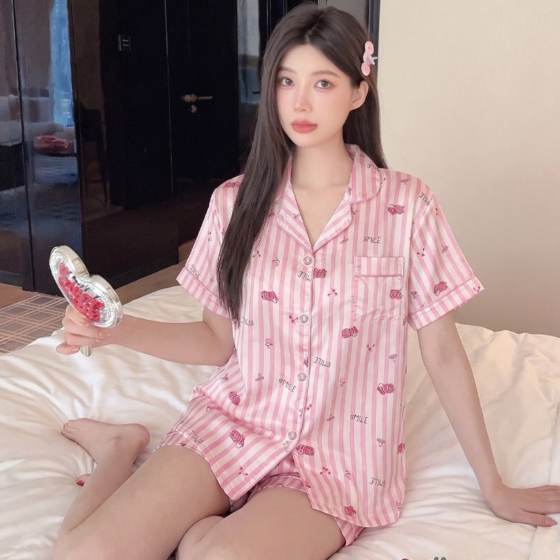Ice Silk Pajamas Women''s Summer Thin Striped Short-sleeved Silk Home Clothes High-grade suit Outer Wearing - Image 1