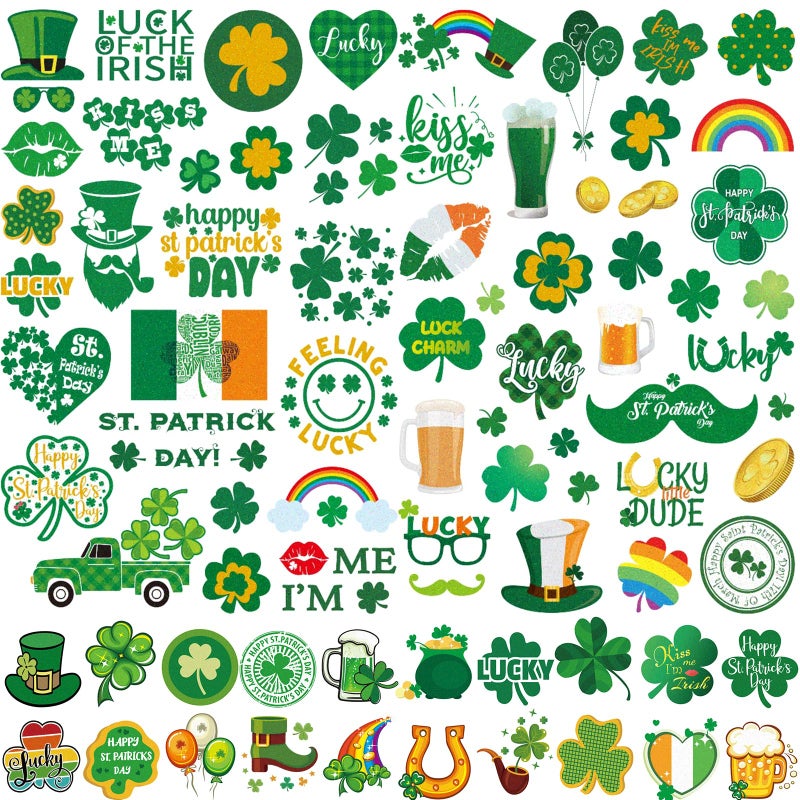Zeecdatoo 23 Sheets Large Glitter St Patricks Day Tattoos Accessories 100 Pcs Glitter Lucky Clover Shamrock Temporary Tattoos Glitter Body Jewelry Irish Parade Party Favors Decorations