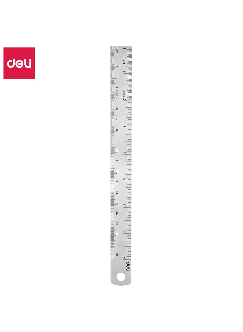 Deli E8462 Steel Ruler, 20cm (8 Inch) with Metric and Inch Graduation Silver – Ideal for Precision Measuring Tasks - Image 1