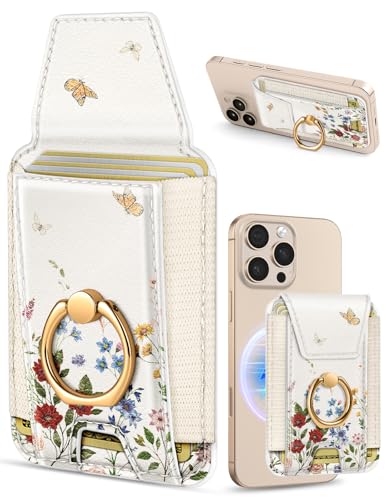 Shorogyt Compatible with Magsafe Wallet with Grip Magnetic Card Holder - Cute Phone Wallets with Ring Stand for iPhone 17/16/15/14/13/12 Series for Women Girls Retro Bouquet Design, Fit 7 Cards - Image 1