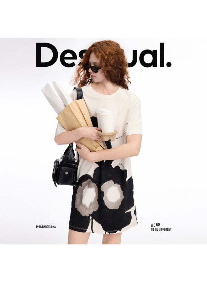 DESIGUAL ss25 New Arrival Pure Cotton Floral Print Patch Round Neck T-shirt Dress - Image 3