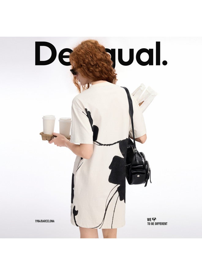 DESIGUAL ss25 New Arrival Pure Cotton Floral Print Patch Round Neck T-shirt Dress - Image 4
